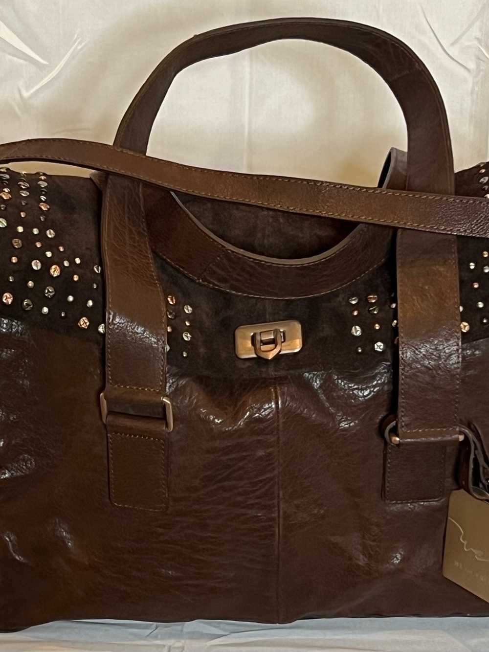 Free People We The Free Shay Stud Tote Leather Suede Espresso Brown NWOT $298 - Picture 13 of 16